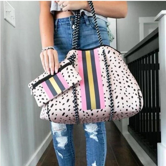 Handbags - Large Neoprene Tote Bag and Wristlet Spring Fawn Blush Dots Pink Navy Stripes